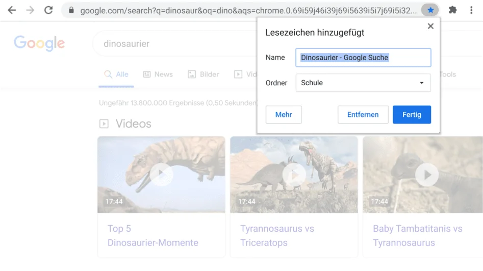 Chrome-Browserfenster, in dem das kleine Fenster mit dem Menü für Lesezeichen geöffnet ist.
