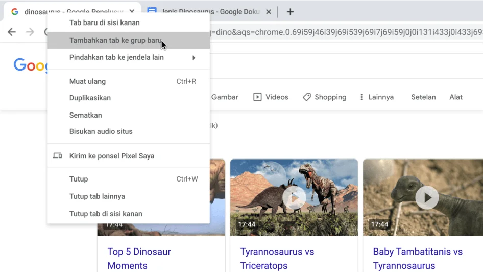 Jendela browser Chrome dengan kotak dialog yang menampilkan pembuatan grup tab baru