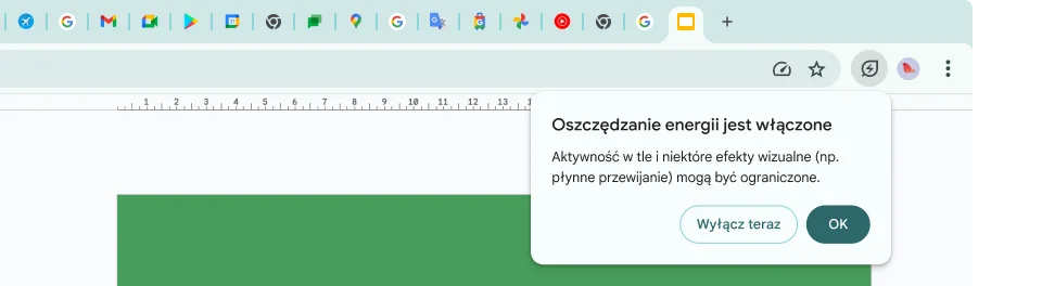 Użytkownik kliknął ikonę Oszczędzanie energii, co oznacza, że niektóre rodzaje aktywności w tle i efekty wizualne są ograniczane, aby nie zajmowały pamięci.