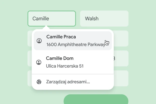 Użytkownik może natychmiast wpisać swoje imię i nazwisko oraz adres, korzystając z autouzupełniania.