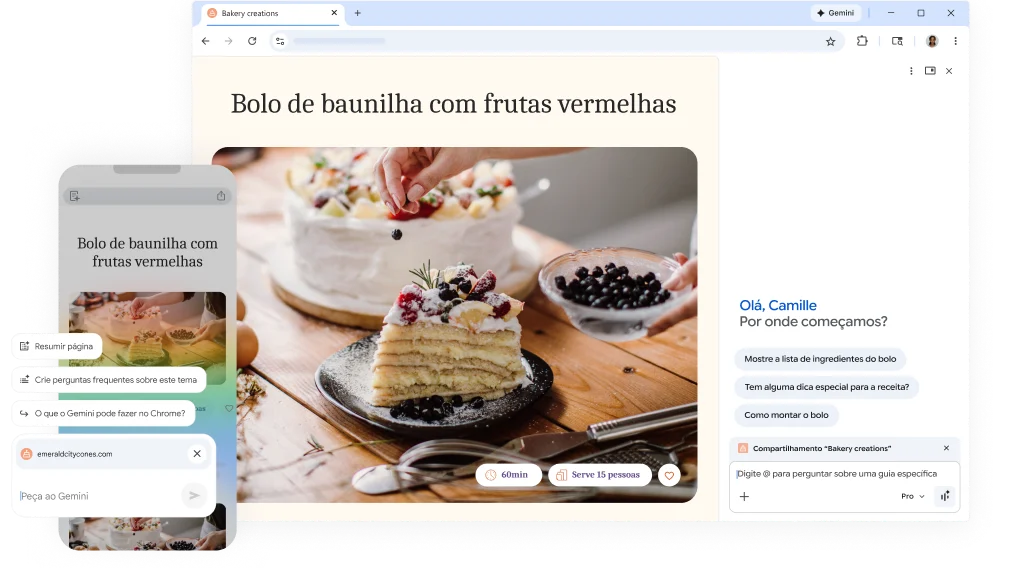 Em uma página da web com uma receita de bolo, tem um pop-up aberto, perguntando como o Gemini no Chrome pode ajudar. O recurso aparece em um dispositivo móvel e em um computador.
